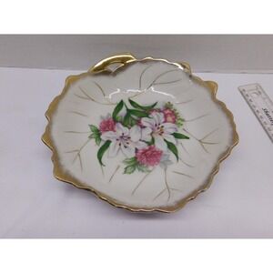Gold Trim Floral Lily Trinket Dish Scalloped Unmarked